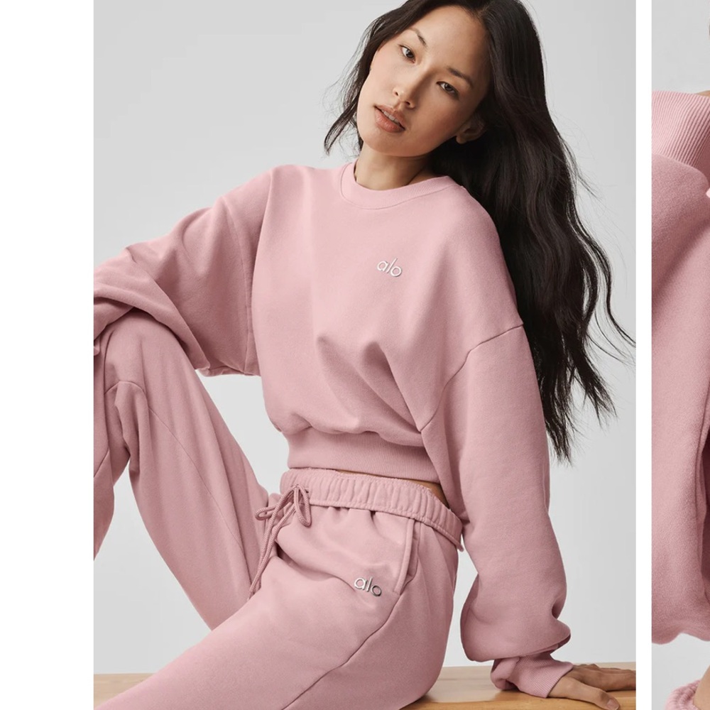 ALO Yoga Cropped Accolade Crewneck Sweatshirt in Vintage Pink - Picture 3 of 6